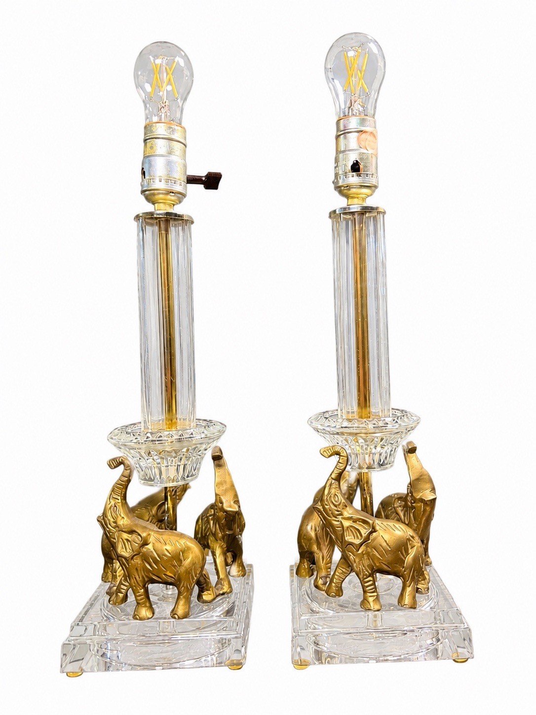 Vintage Pair Brass Elephant Crystal Glass Table Lamps Hollywood Regency