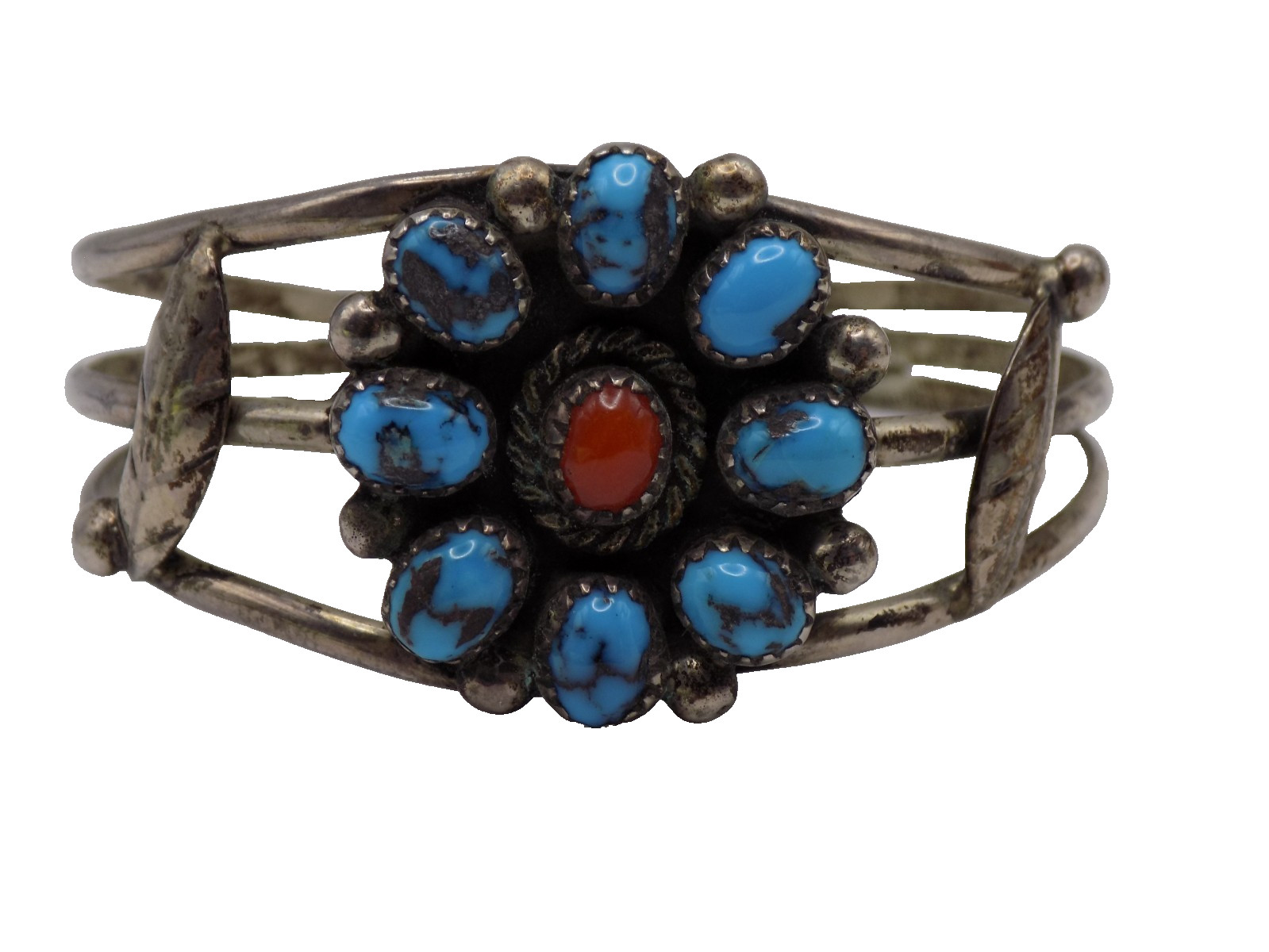 Vintage Signed Native American Mary S Lew Turquoise Coral Floral Cuff Bracelet Vintage Signed Native American Mary S Lew Turquoise Coral Floral Cuff Bracelet