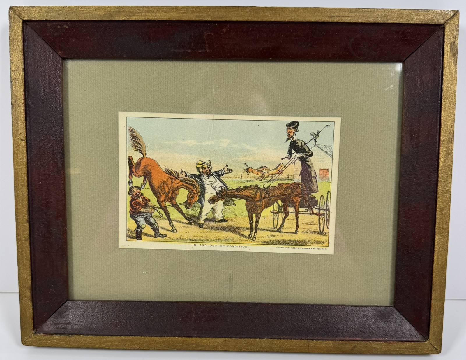 Antique Currier & Ives Trade Card “In and Out of Condition” Horse Print w/ Frame