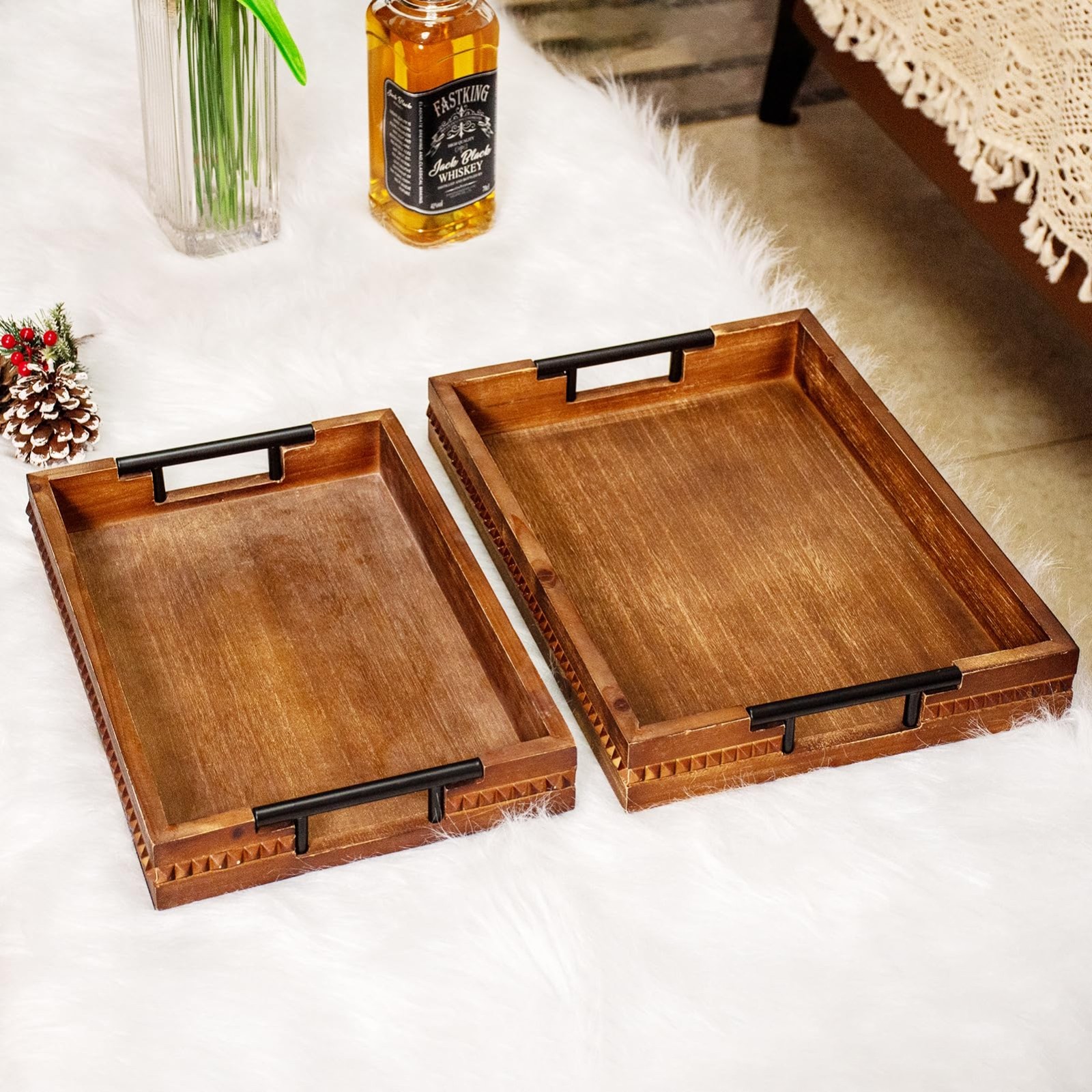 Vintage Wooden Serving Tray with Metal Handles, Beaded Edge Decorative  Tray