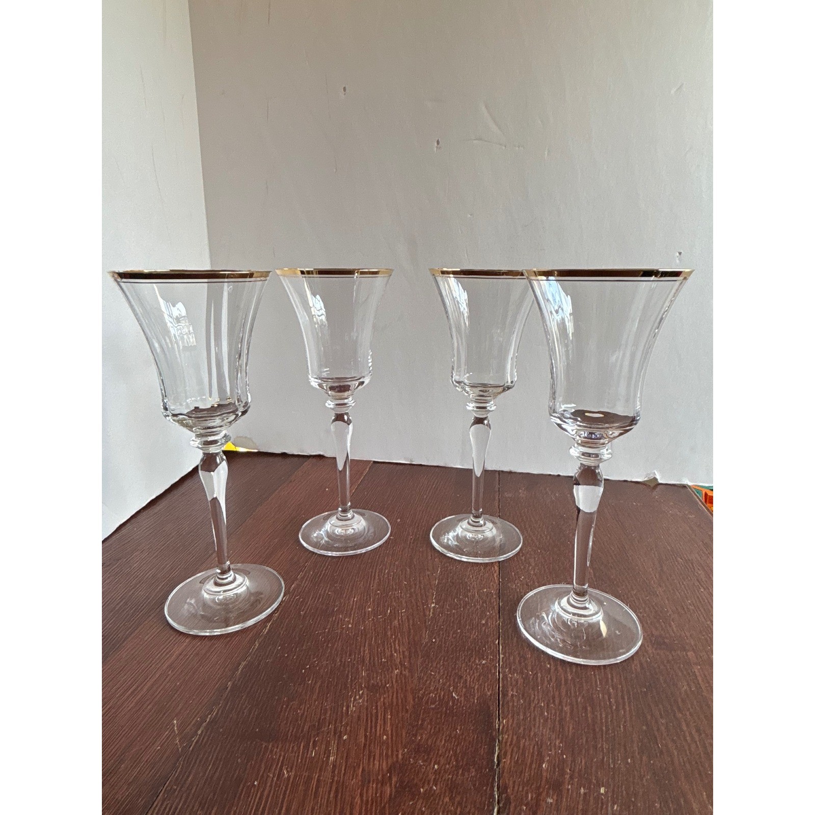 Set of 4 Vintage Optic Crystal Wine Glasses Gold Trim Rim Flared Stemware 9.25