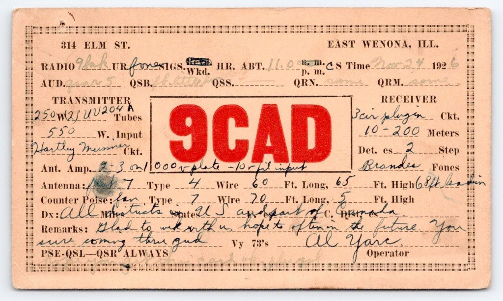 1926 East Wenona IL LaSalle County Al Yarc 9CAD Vintage QSL Ham Radio Card