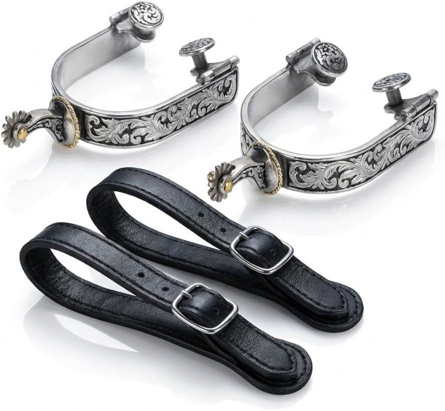 Western Cowboy Spurs, Paired with 6 Holes Spurs Belt, Stainless Steel Western Ho
