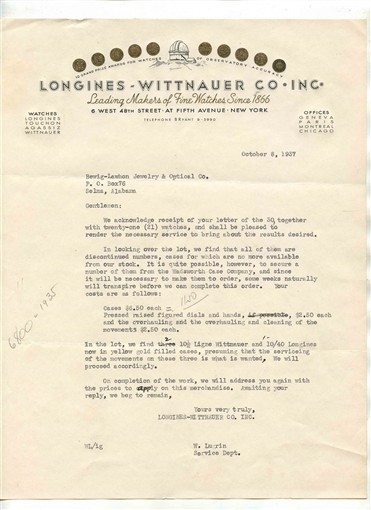 Longines Wittnauer Letterhead Leading Makers of Fine Watches 1937 Gold Awards