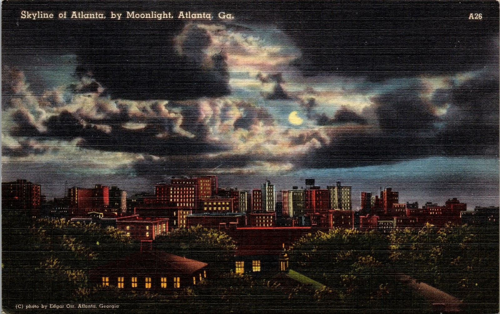 Atlanta GA Skyline of Atlanta by Moonlight Postcard unused 1930s/40s