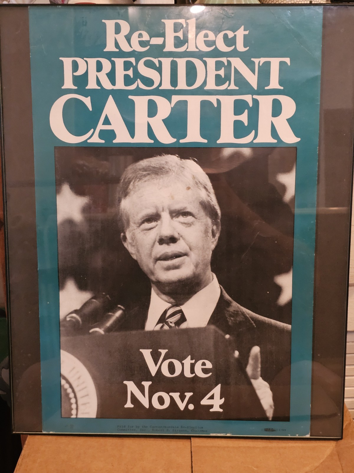Vintage 1980 Re-Elect President Jimmy Carter Nov 4 - Framed Poster 13”x20”