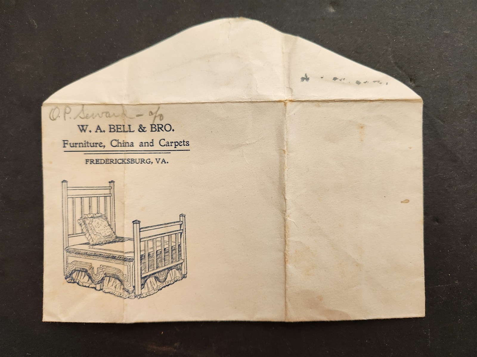 antique W A BELL & BRO fredericksburg va AD ENVELOPE furniture bed china carpet