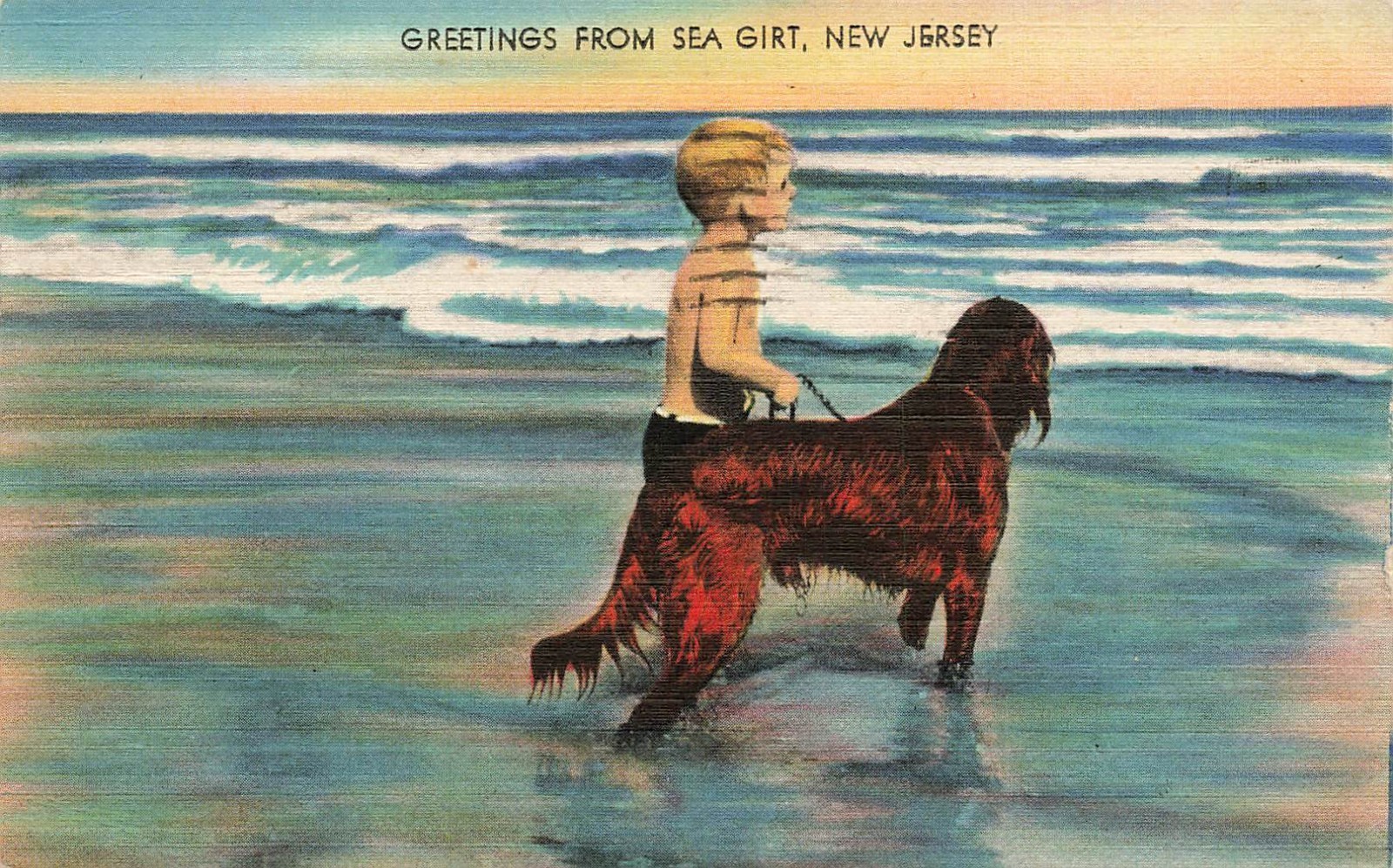 1947 NEW JERSEY POSTCARD: DOG & YOUNG BOY BY OCEAN GREETINGS FROM SEA GIRT, NJ
