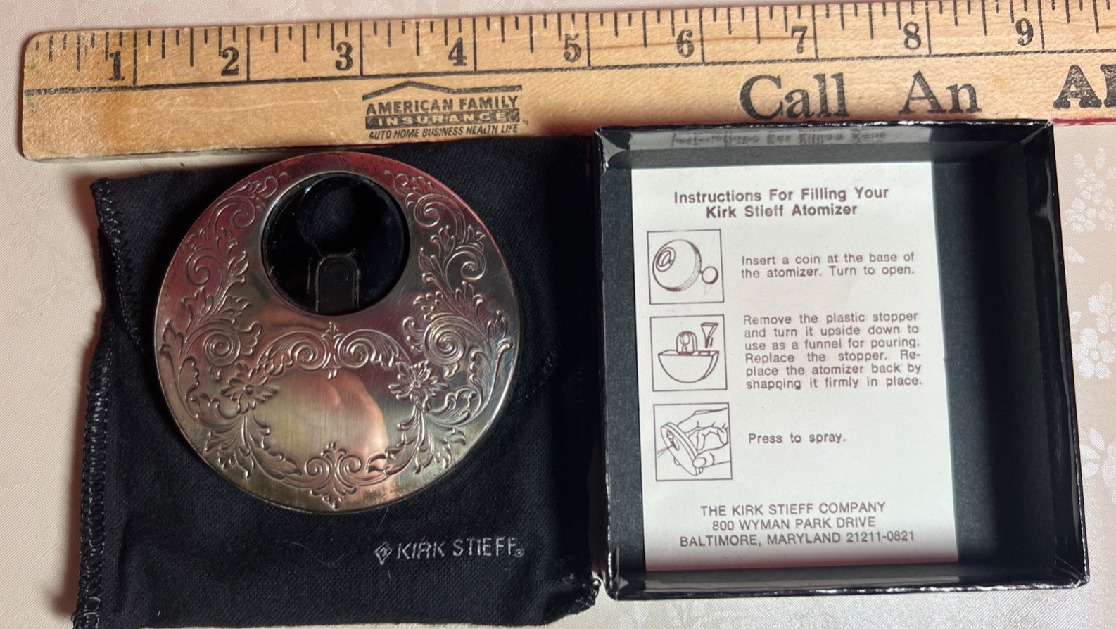 Vtg KIRK STIEFF Sterling Silver Plate Perfume Atomizer w/box, pouch, directions