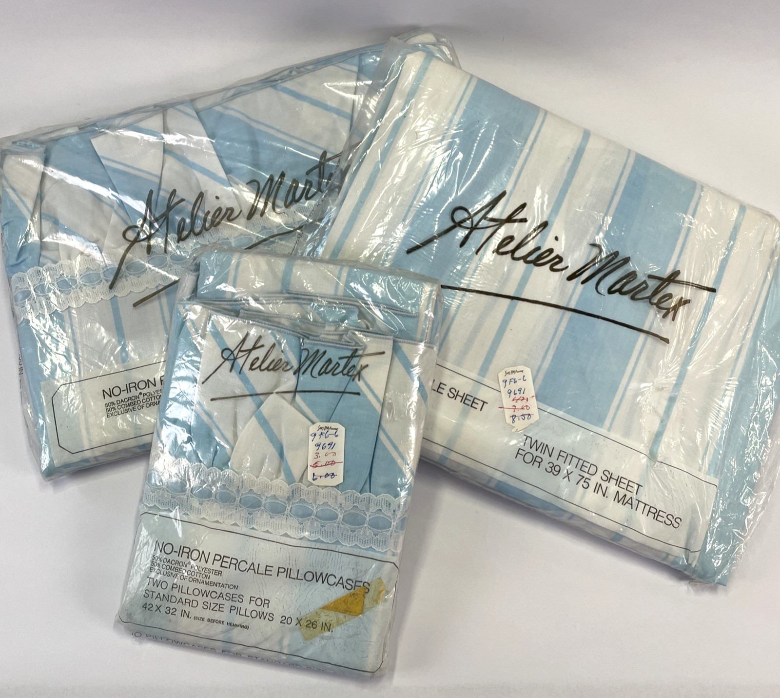 VTG Atelier Martex Twin Sheet Set (4 pc) Percale PARASOL STRIPE Blue White READ