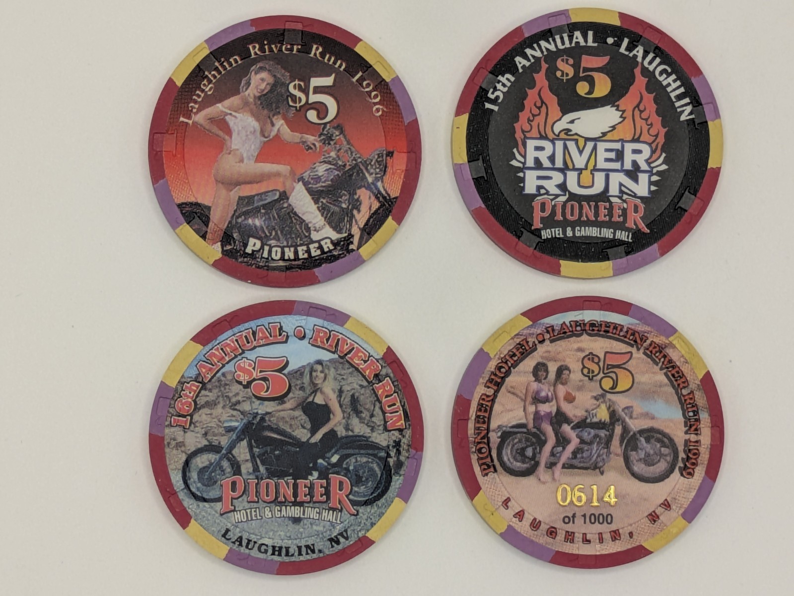 Set of (4) Pioneer (Laughlin) $5 Casino Chips, River Run 1996-1999, Near Mint