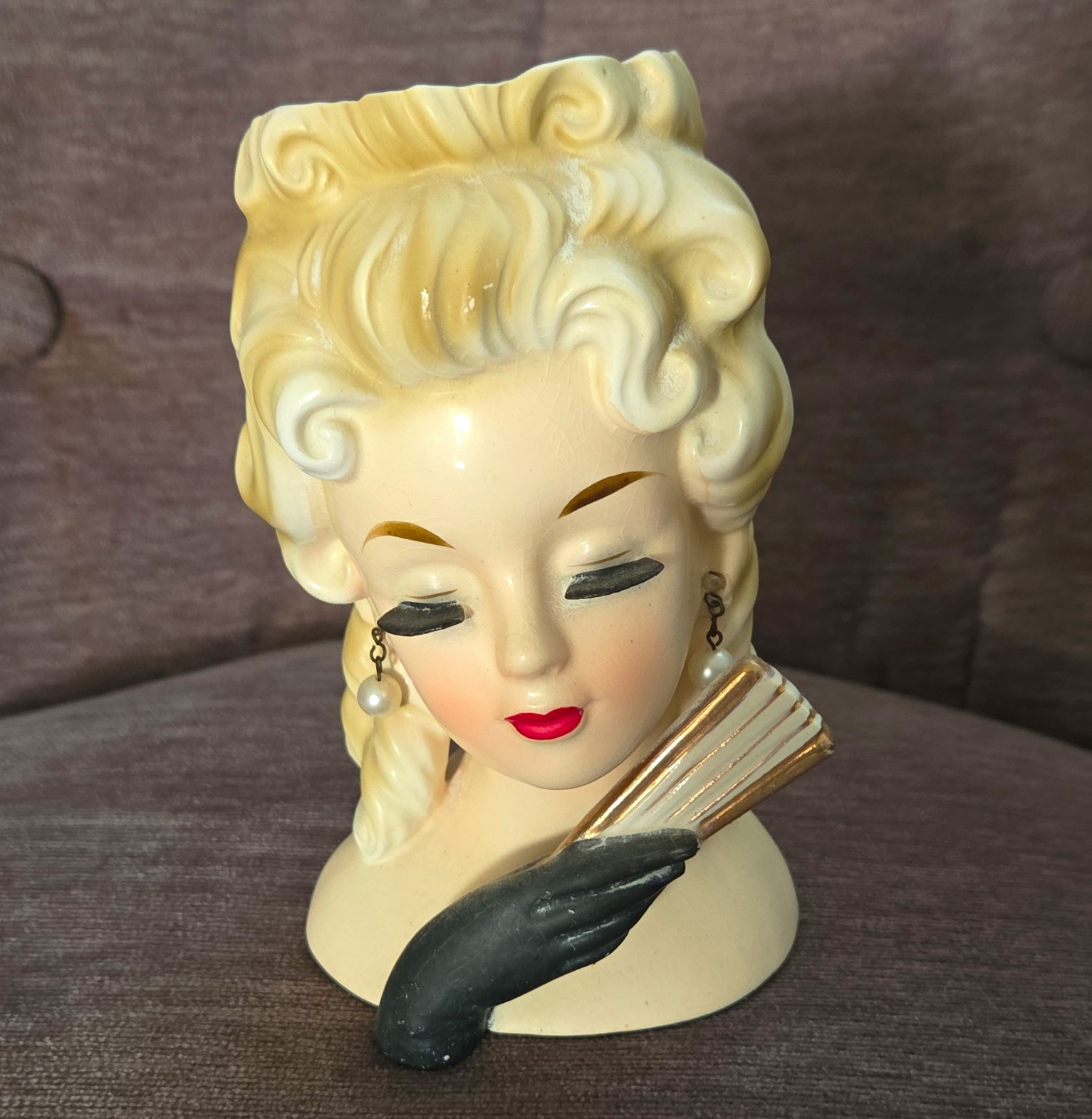 Ceramic Lady Head Vase Ivory Blonde Woman Black Gloves Painted Glossy