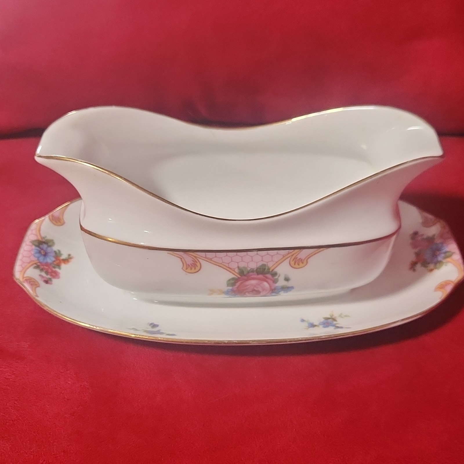 EPIAG Czechoslovak Porcelain Floral Gravy Boat Set w/ Underplate, Gold Trim,l EPIAG Czechoslovak Porcelain Floral Gravy Boat Set w/ Underplate, Gold Trim,l