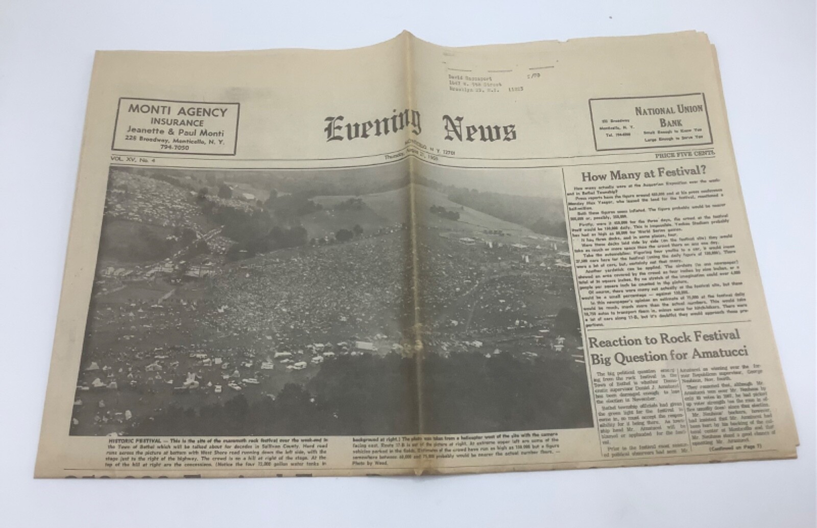 WOODSTOCK Evening News-Monticello NY-August 21 1969-LOCAL NEWSPAPER RARE