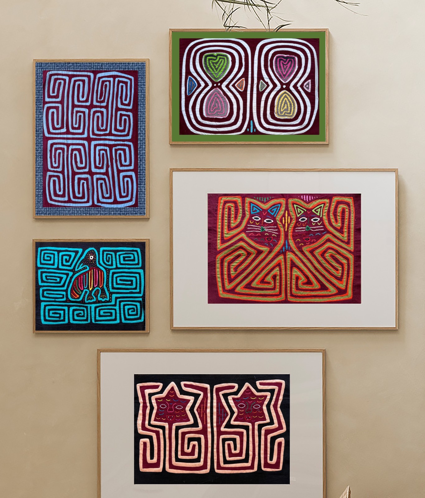 Authentic Panamanian Mola Set of 5 folk art wall/Latin American vintage textile,