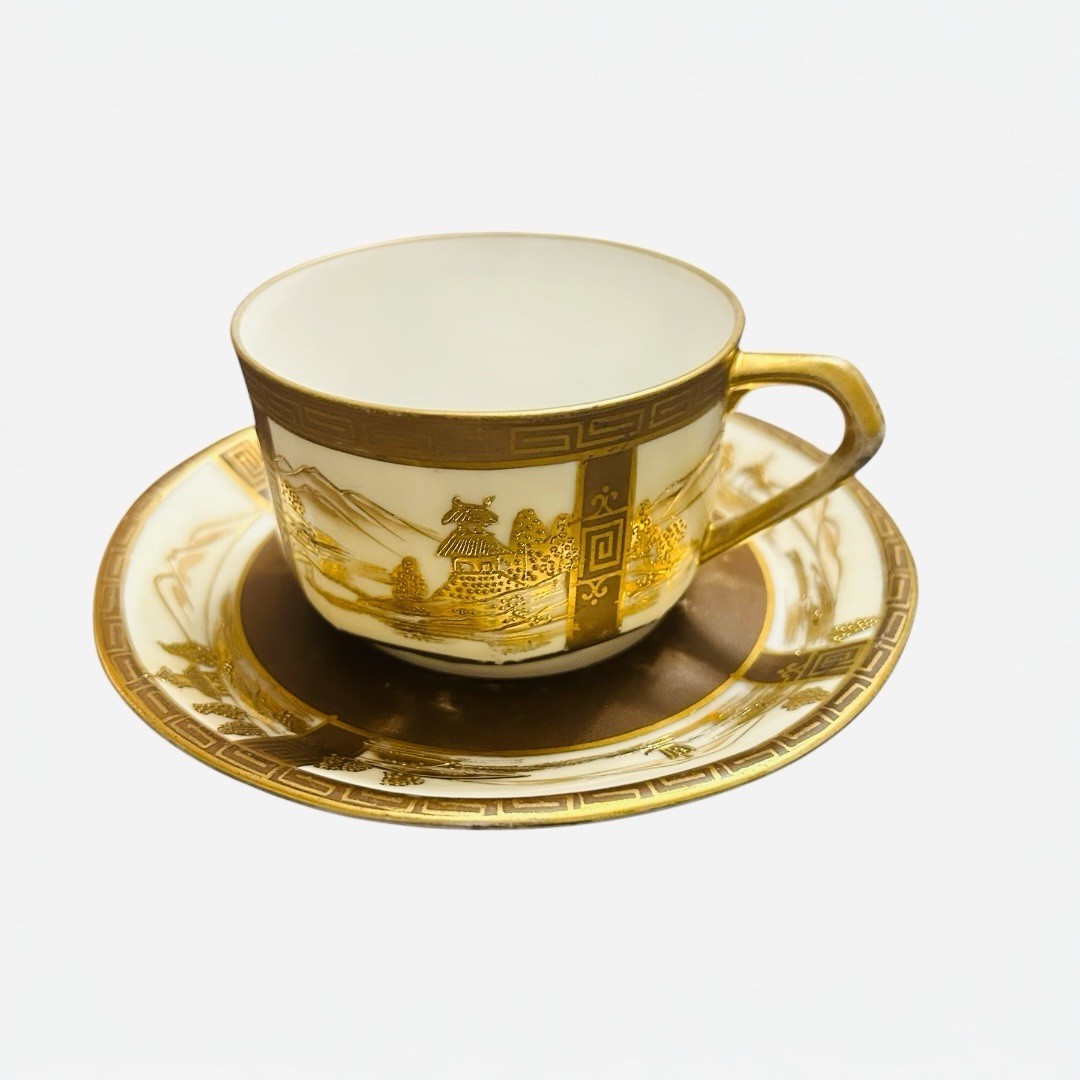 Antique Old Noritake Gold-Embossed Landscape Cup & Saucer