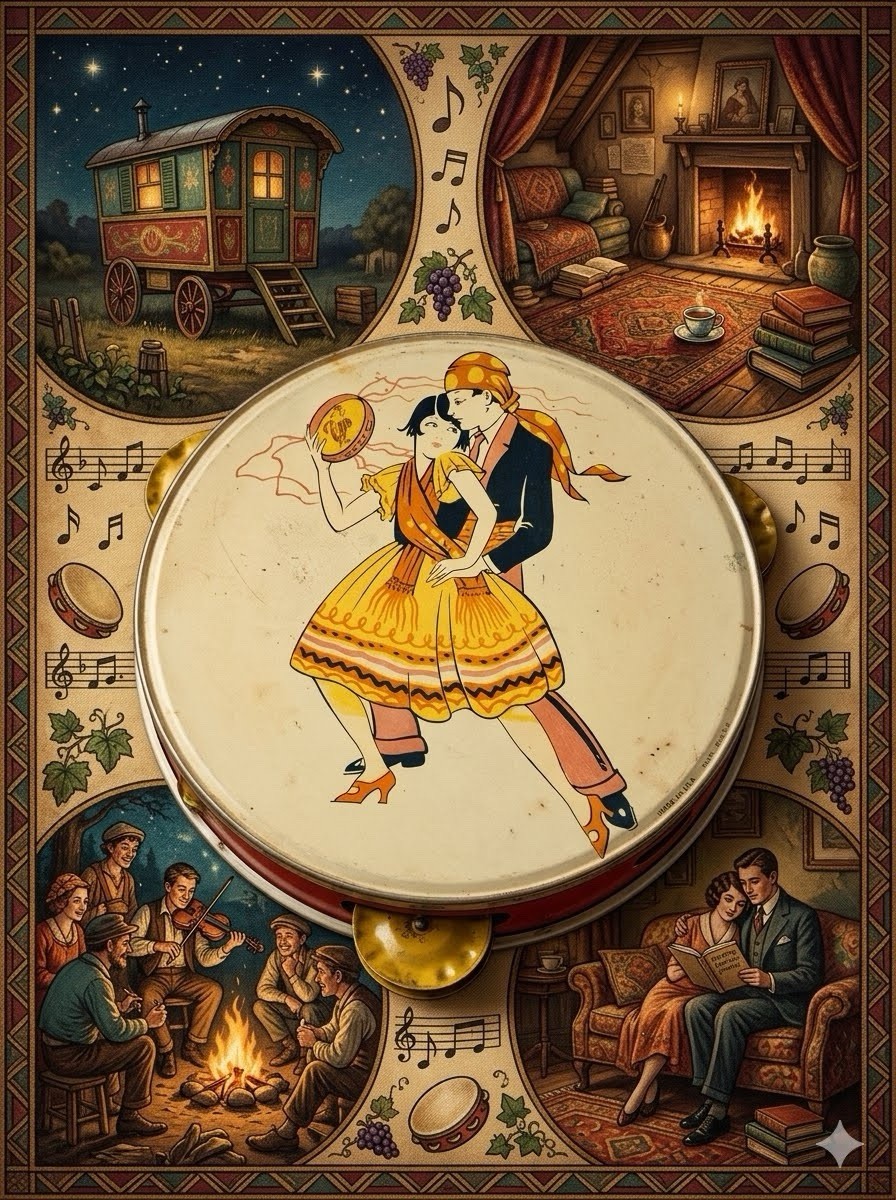 VINTAGE KIRCHHOF TIN LITHO TAMBOURINE FLAMINGO DANCERS LIFE OF THE PARTY C. 1950