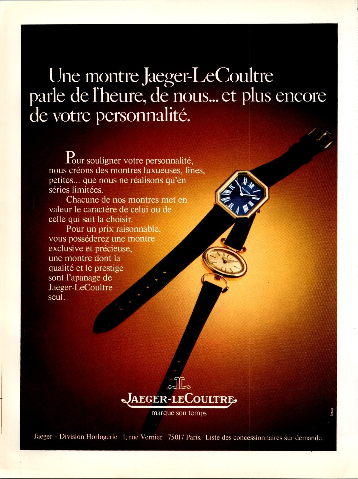 1973 • JAEGER-Le COULTRE Watch FRENCH Print Ad •  1970s Rare ADV-71