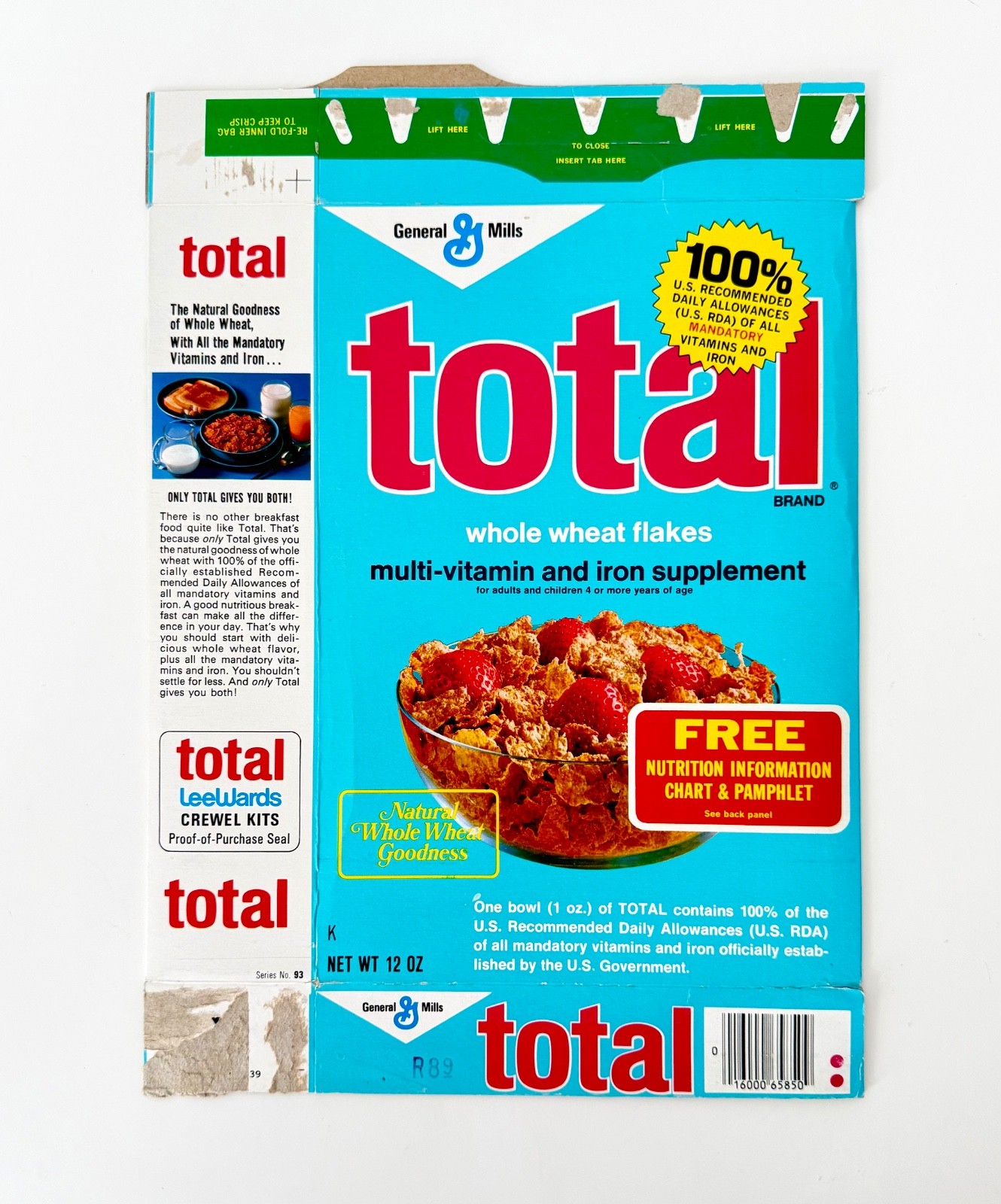 Vintage 1970s General Mills Total Cereal Box Food Package Advertising TV Prop Vintage 1970s General Mills Total Cereal Box Food Package Advertising TV Prop
