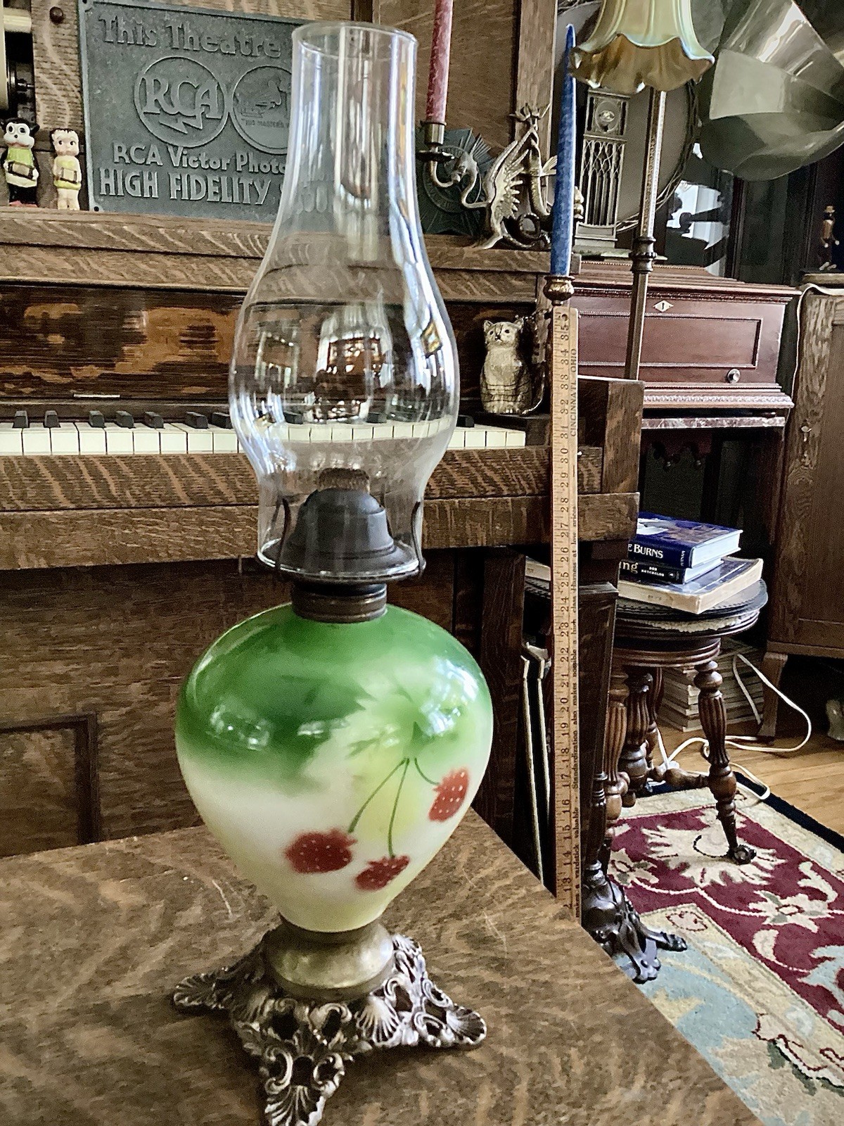 Antique Victorian Style Glass Oil Lamp Green White Strawberry Pattern Base Old
