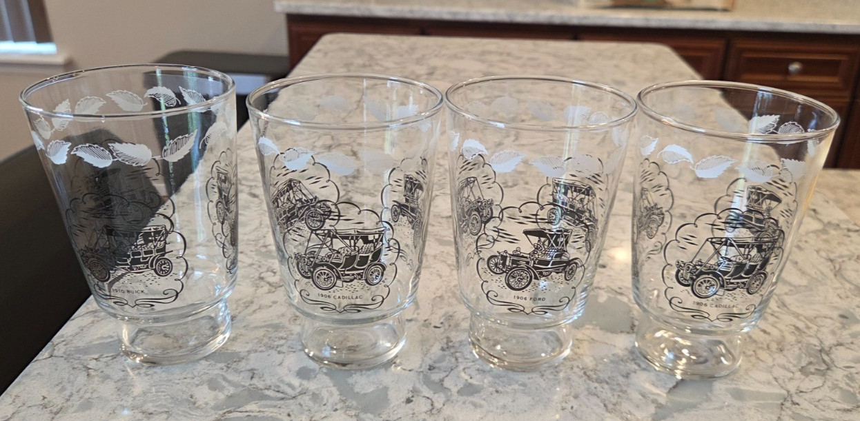 Vintage Glass Glasses Classic Car Ford 1906 Buick 1910 Cadillac Barware Set of 4 Vintage Glass Glasses Classic Car Ford 1906 Buick 1910 Cadillac Barware Set of 4