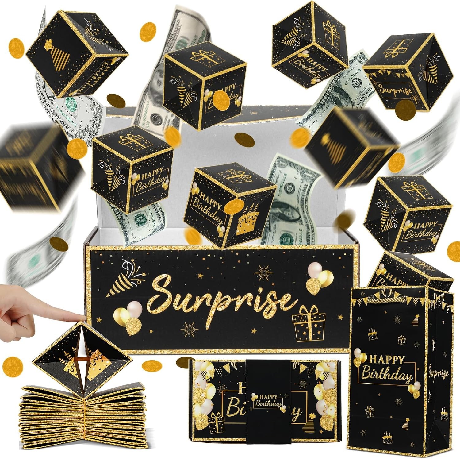 Birthday Surprise Gift Box Explosion for Money, Exploding Black Gold