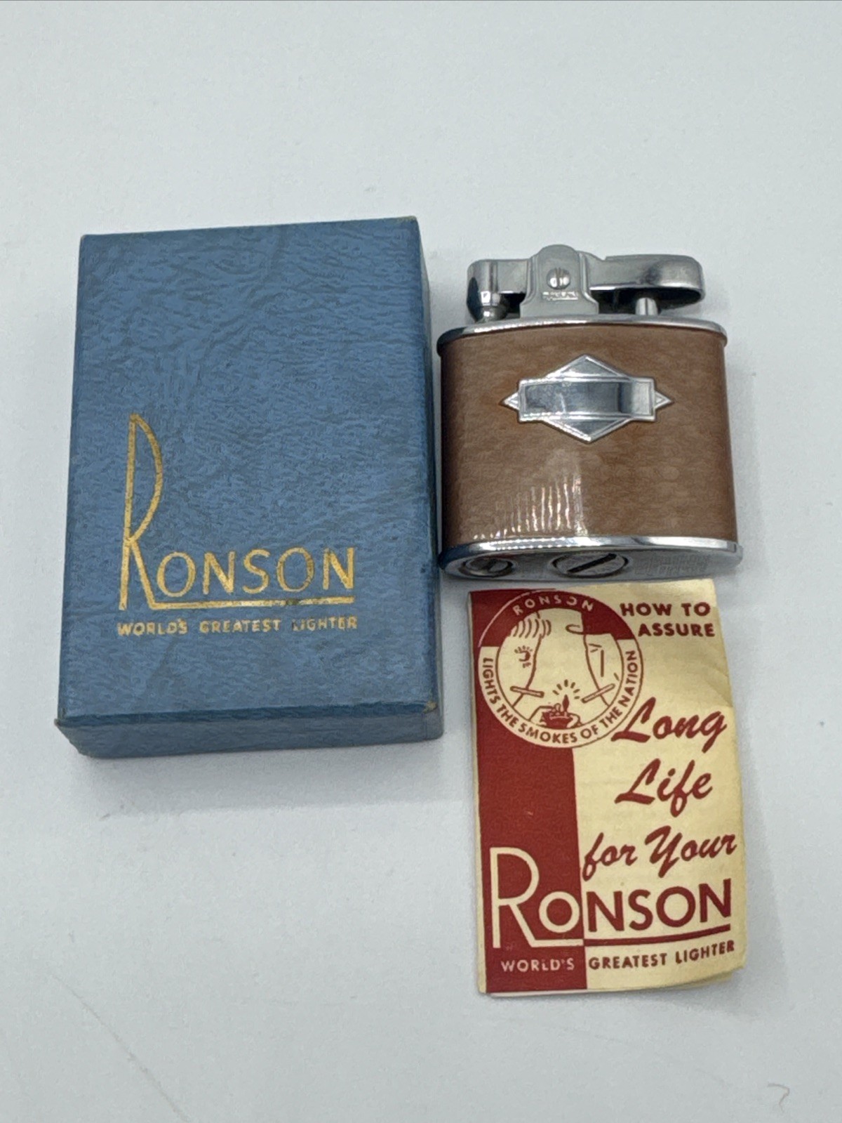 Ronson Toronto Canada Standard Chromium Finish Metal Tan Pocket Lighter Box