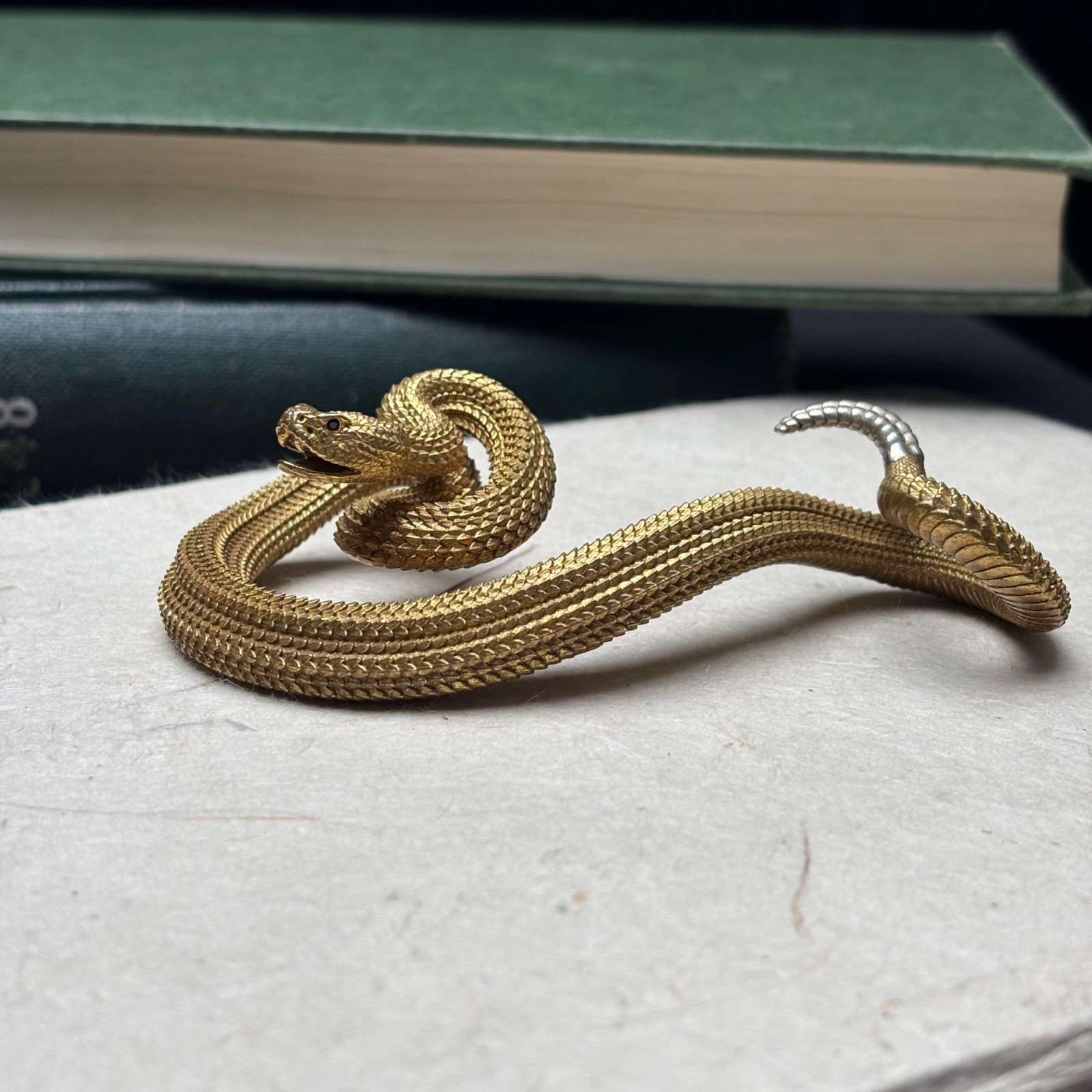 Brass Rattlesnake Pen Holder Incense Burner Desk Decor Black Zircon Scales