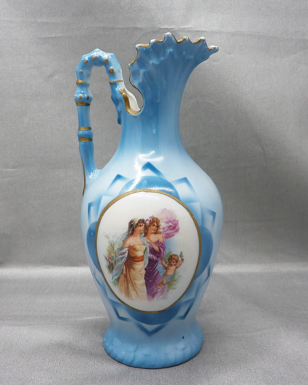 Vintage Czechoslovakian Blue Pitcher Vase Maidens & Cherub