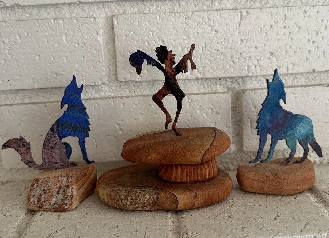 Southwestern Enameled Metal Art Work Figurines On Sandstone Base