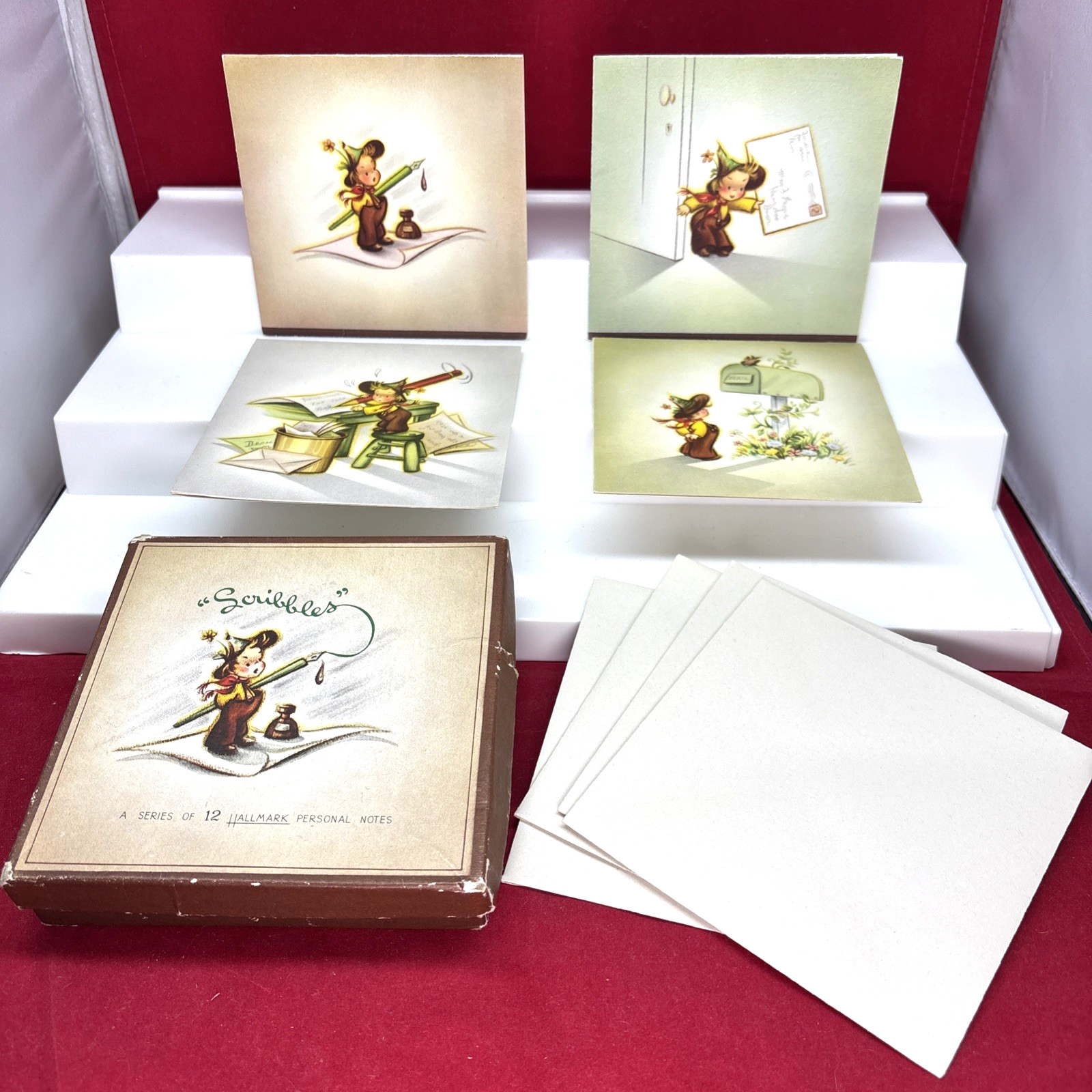 Vintage 1940s Hallmark 4 Scribbles Personal Note Blank Cards w/Box-Envelopes