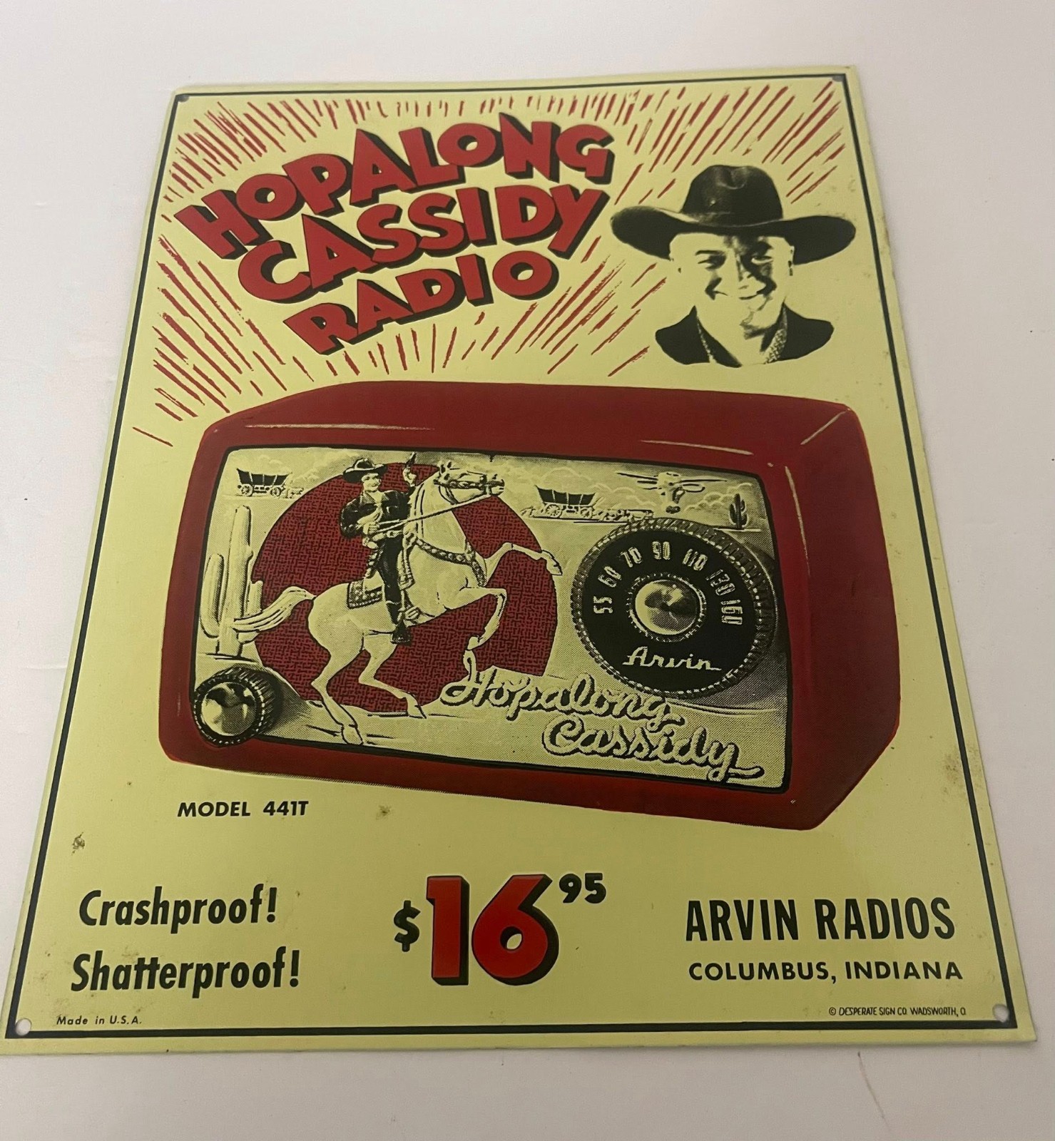 Hopalong Cassidy Radio Tin Sign Art 9 x 12 Arvin Radios Desperate Sign 1990 VTG Hopalong Cassidy Radio Tin Sign Art 9 x 12 Arvin Radios Desperate Sign 1990 VTG