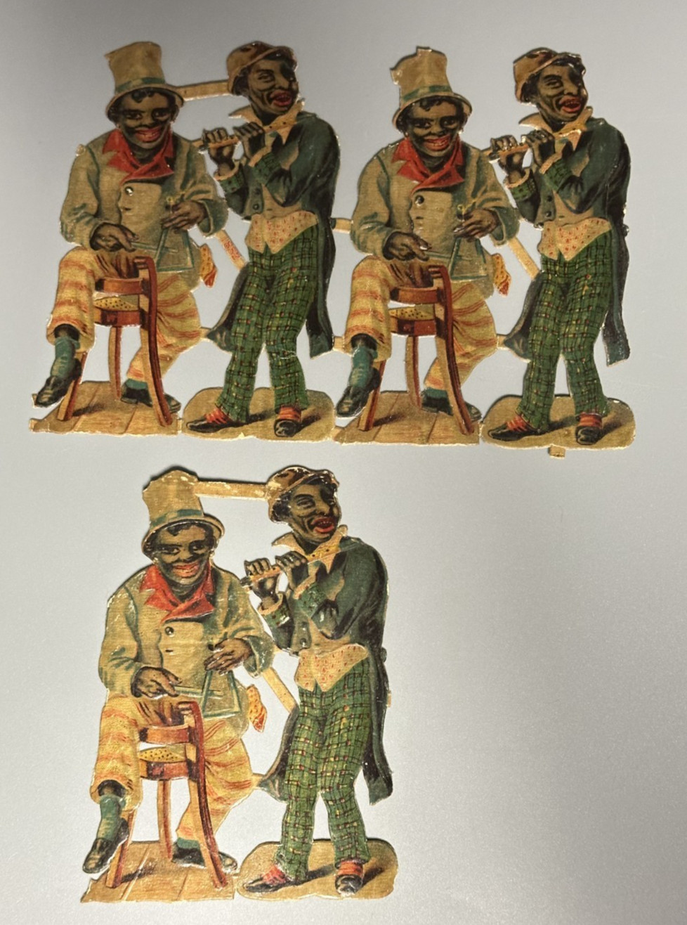 c 1890 Victorian Die Cut Scrap BLACK MUSICIANS Flute MANDOLIN Violin FIDDLE