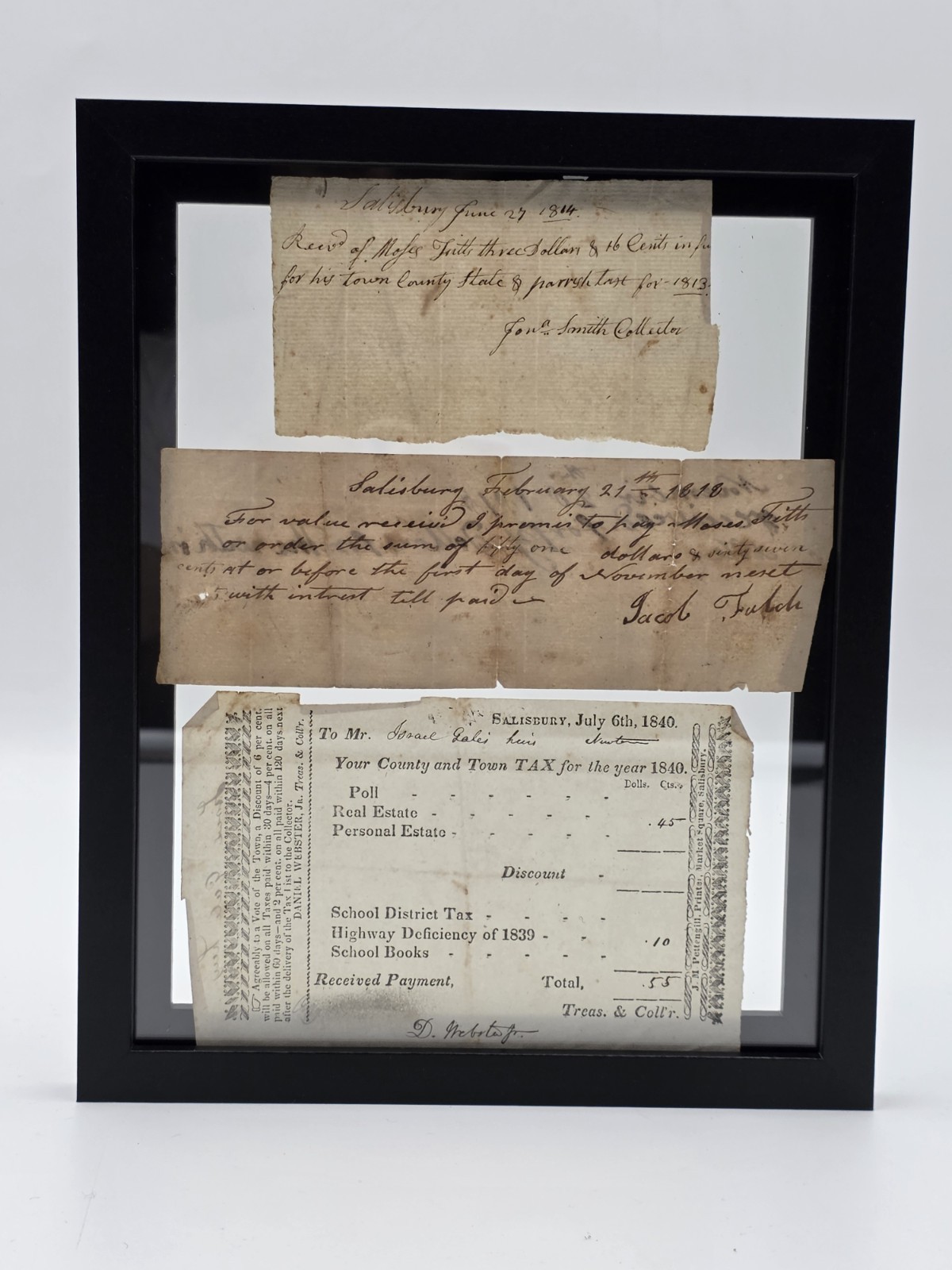 Rare Collection Early 1800s Tax Receipts 1814 1818 1840 Salisbury MA Framed Docs