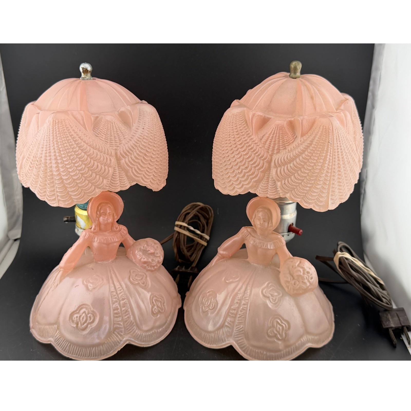 Vintage Houze Frosted Pink Glass Southern Belle Boudoir Lamps: Set of 2 Art Deco