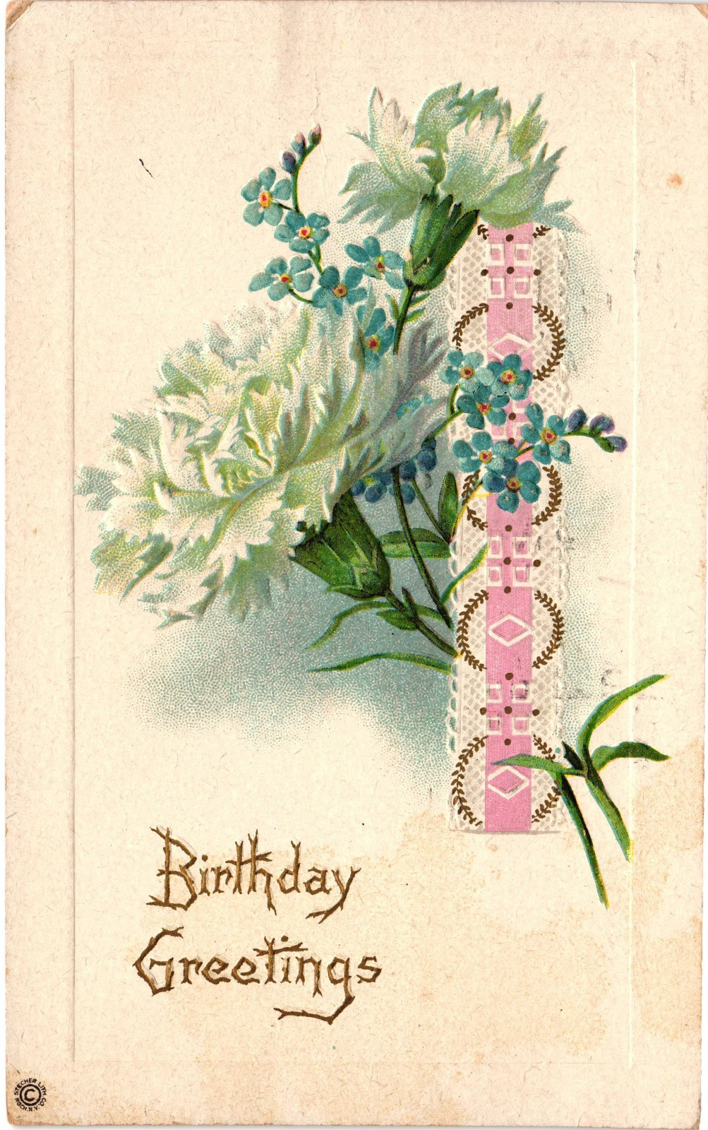Antique Birthday Greetings Postcard White Chrysanthemums Forget Me Nots 1911