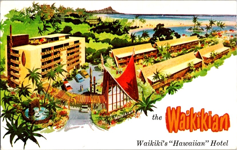  Postcard Waikikian Hawaiian Hotel Waikiki Beach Honolulu HI Hawaii Tiki   E-645