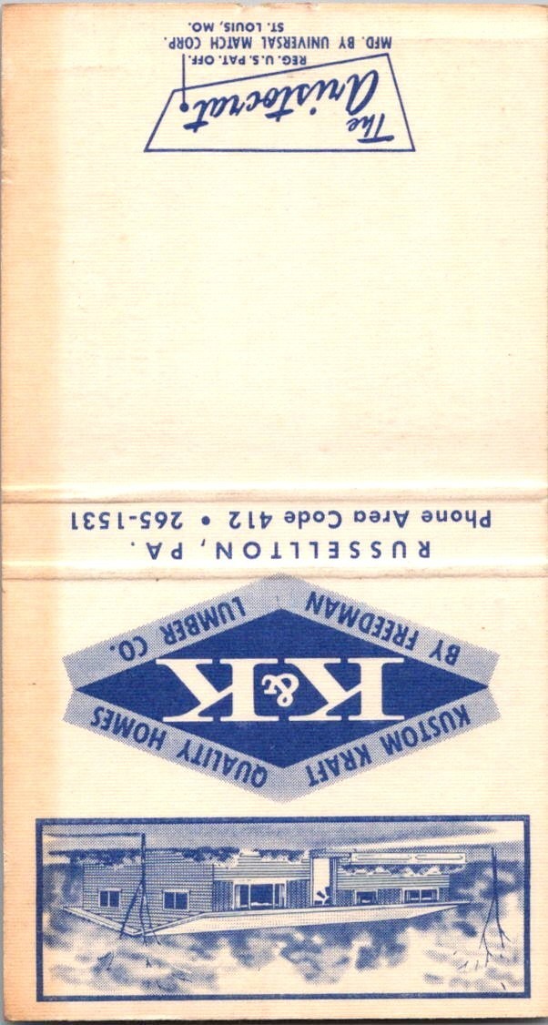 K & K By Freedman Lumber Co. Russellton PA Vintage Matchbook Cover 4MM20-4
