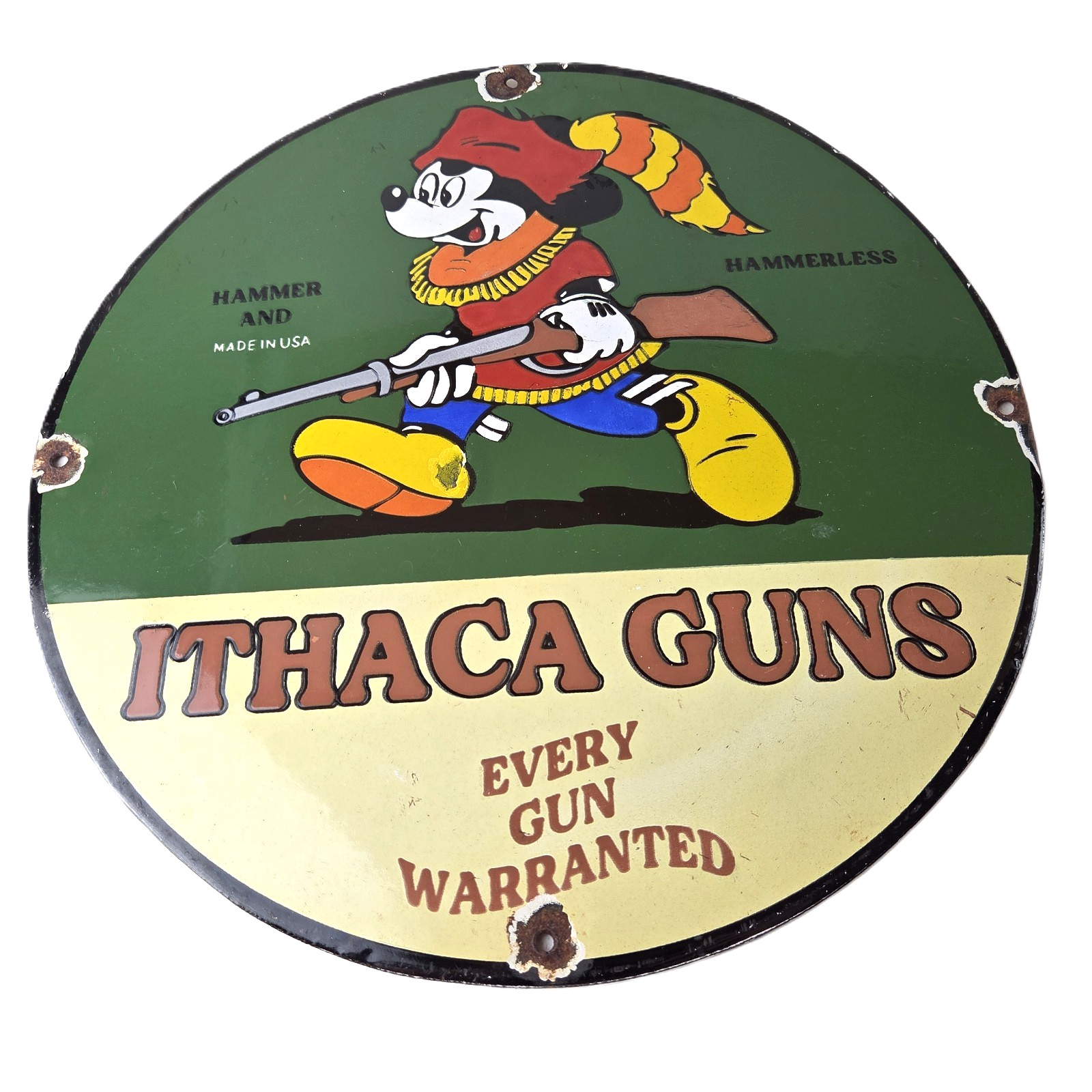 Vintage Ithaca Guns Sign - Mickey Mouse Firearm Advertisement Porcelain Gas Sign