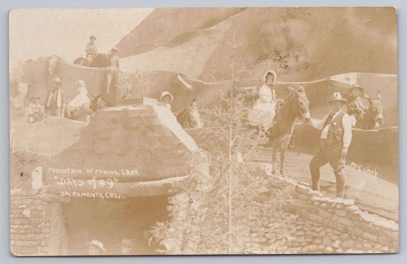 RPPC 1922 Sacramento CA Mining Camp Days of 49 McCurry Photo Postcard Kids Mules