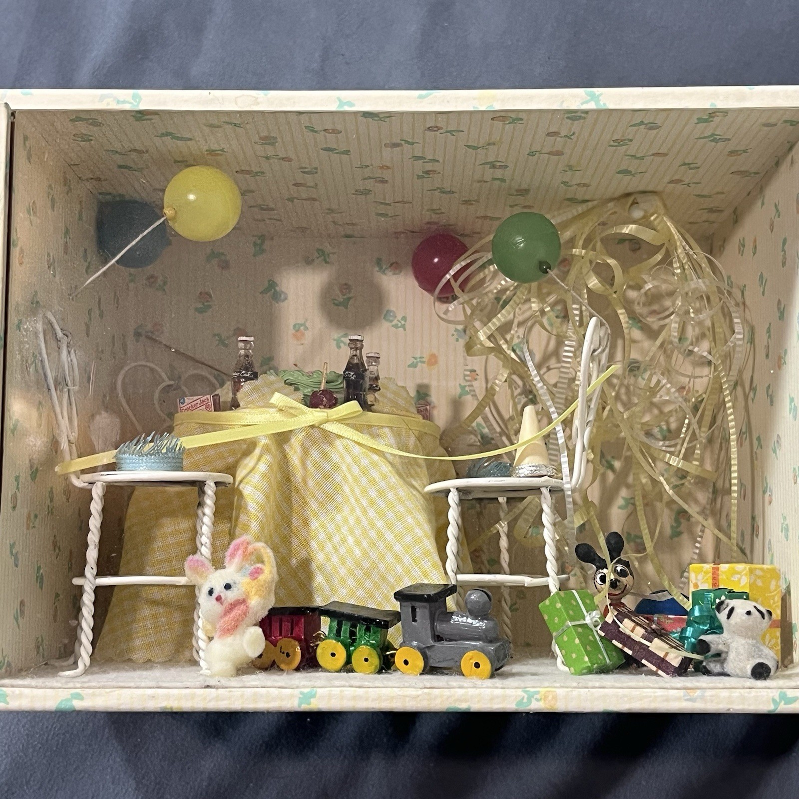 Vtg Diorama Shadow Box 1981 Miniature Art Party Train Balloon Wall Hanging Wood
