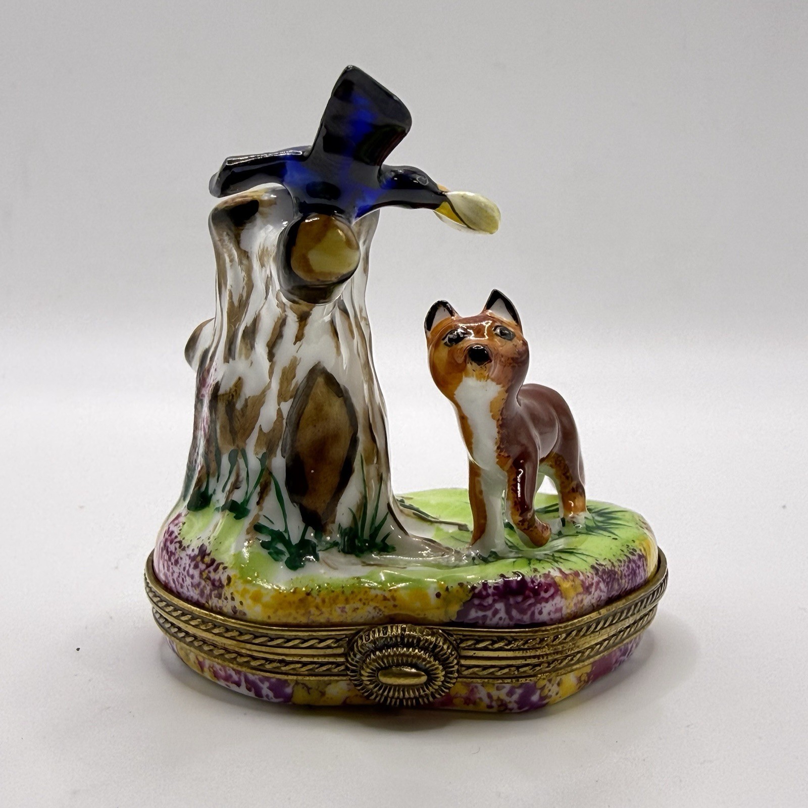 LIMOGES FOX BIRD FLORAL TRINKET BOX CHAMART PEINT MAIN FRANCE VINTAGE VIDEO