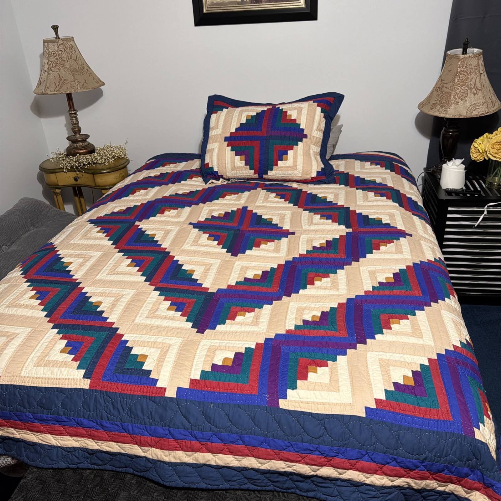VINTAGE ARCH QUILT  83x83 Barn Raising Log Cabin HANDSTITCHED Multi Color QUEEN