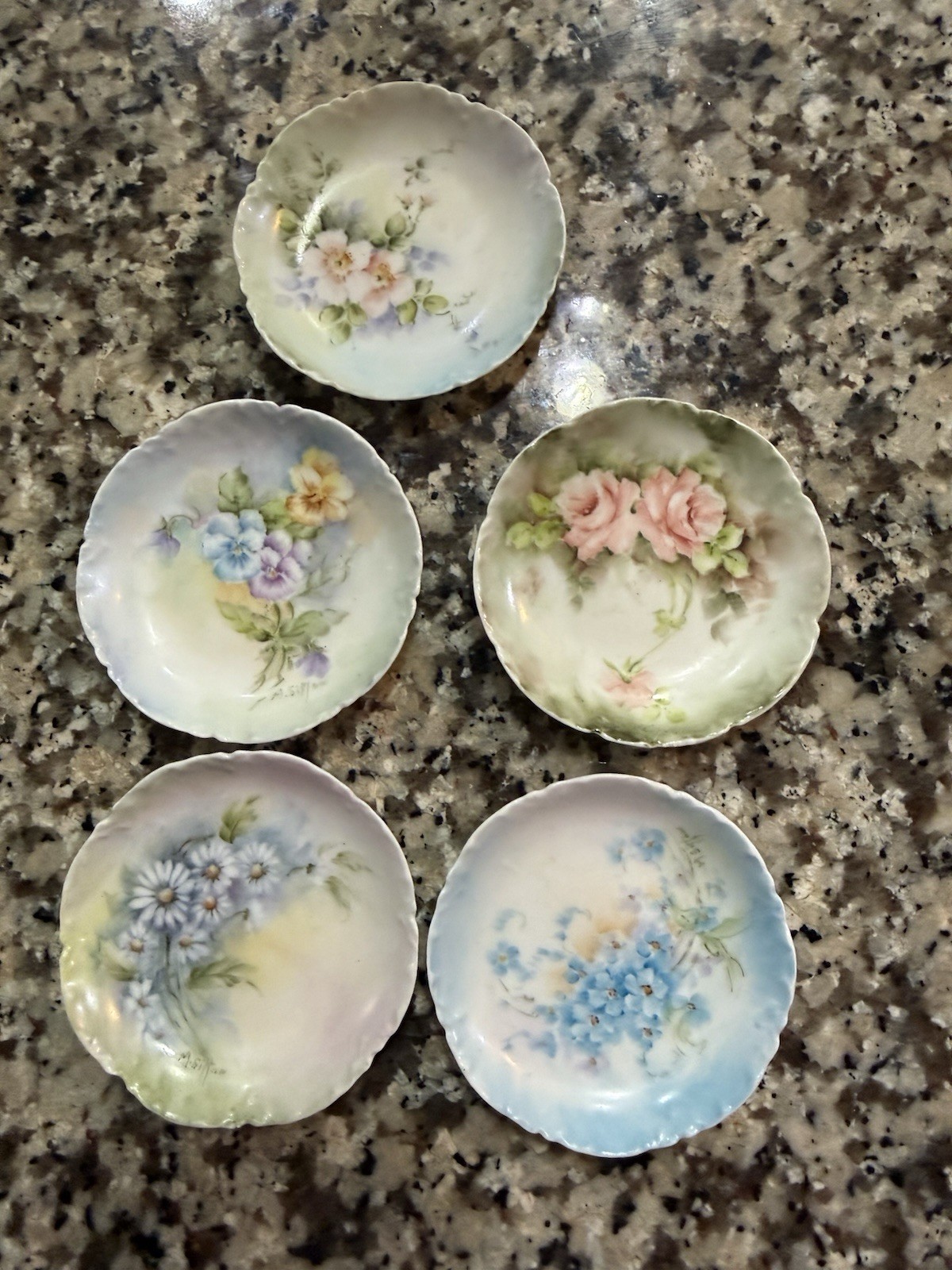5 Haviland French Limogues Hand Painted Floral Butter Pats signed M Simon