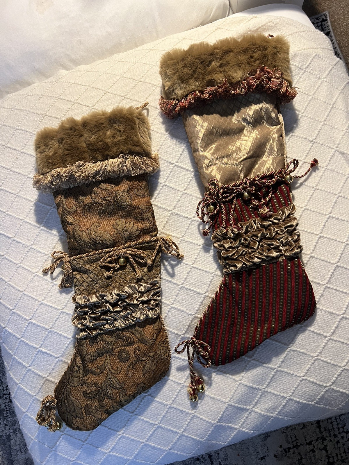 Serendipity Vtg Christmas Stocking Large Victorian Gold Burgundy Velvet Lot of 2
