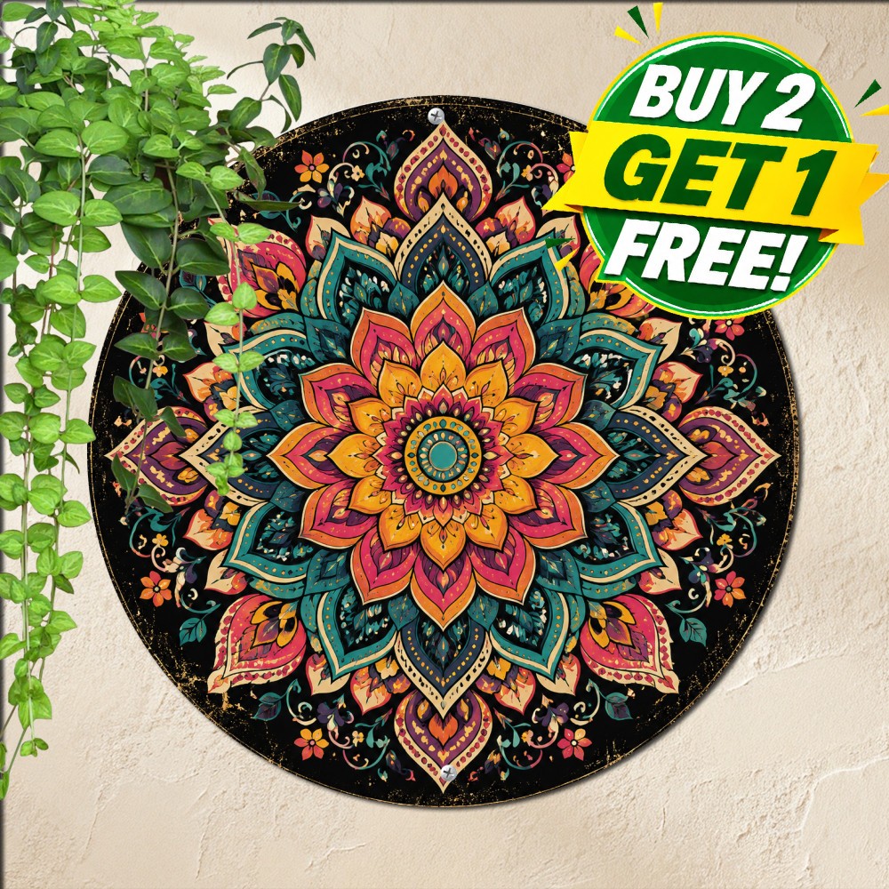 Vibrant Sacred Mandala Geometric Pattern Round Tin Sign Boho Meditation Art