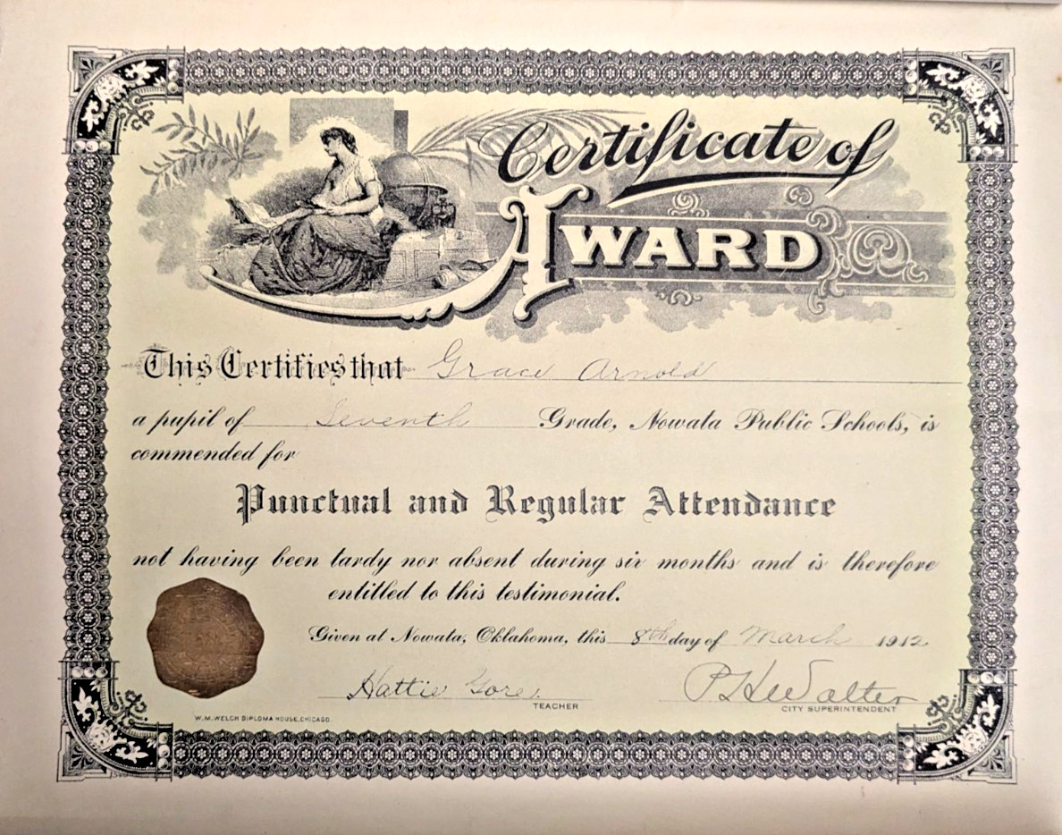 Nowata Public Schools Certificate Punctual & Regular Attendance 1912 Oklahoma
