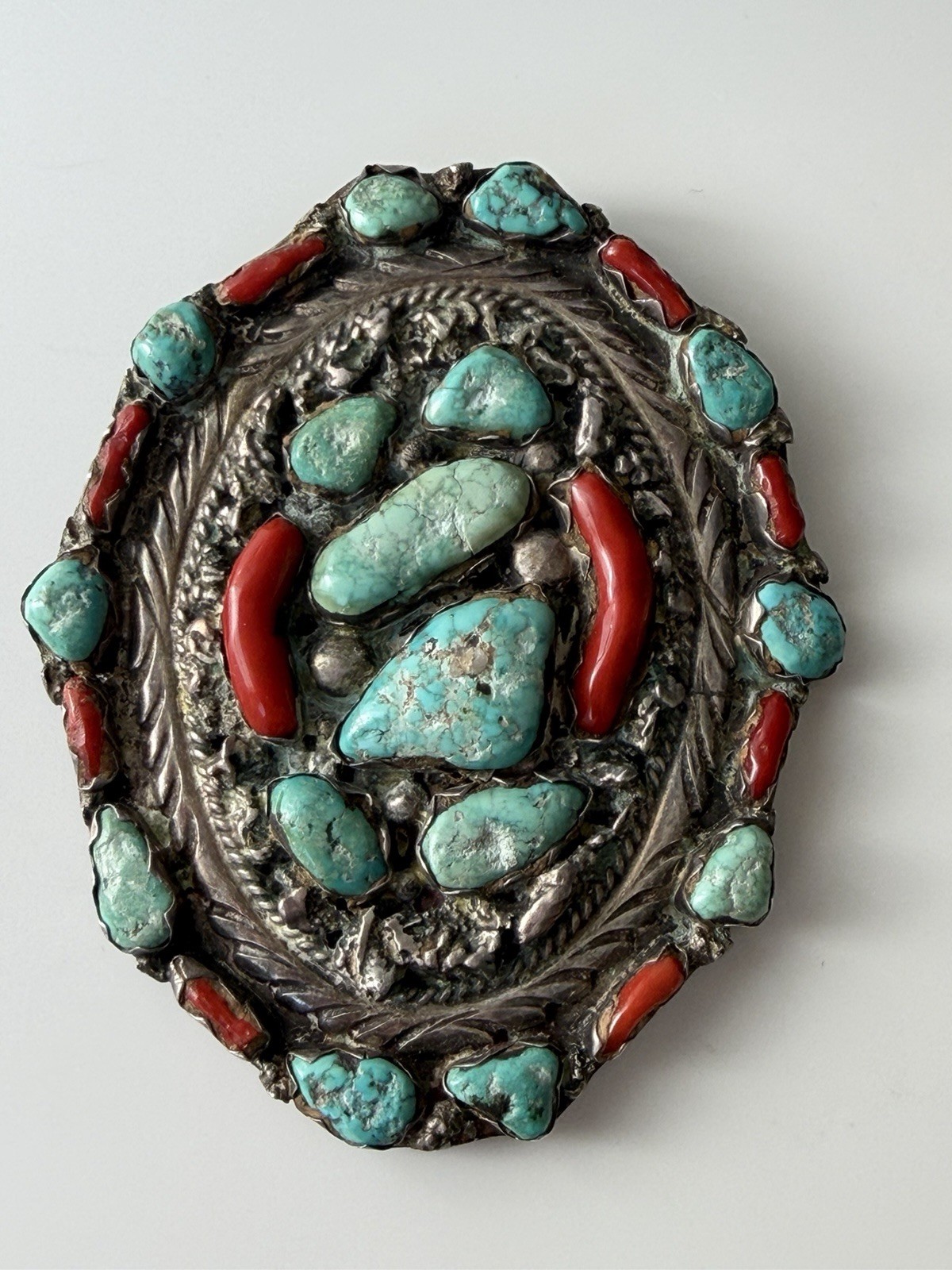 Vintage signed Native American Stirling Silver Turquoise & Coral Bolo Tie