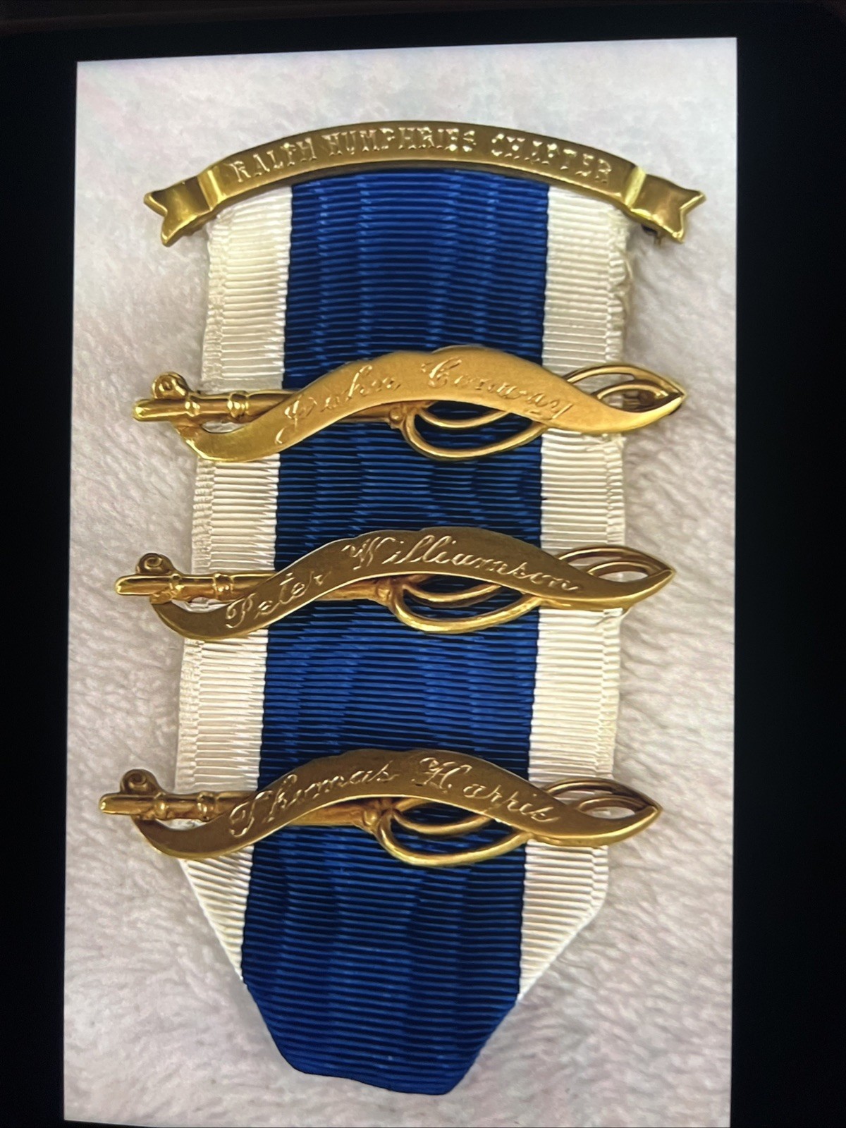Antique 14K Gold DAR Pin JE Caldwell Ribbon MS Ralph Humphreys 3 Ancestor Bars 