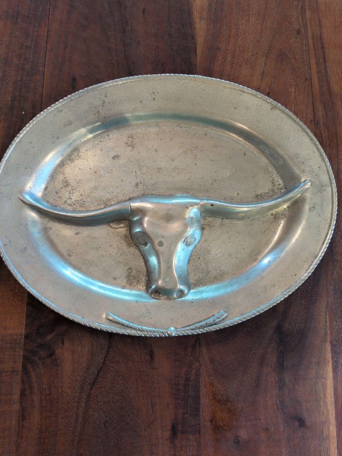 Large Oval Silver Plates Pewter Platter with Texas Longhorn 3D   17x13 Heavy